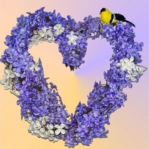 Handmade Heart-Shaped Purple & White Lilacs Floral Wreath w/Bird